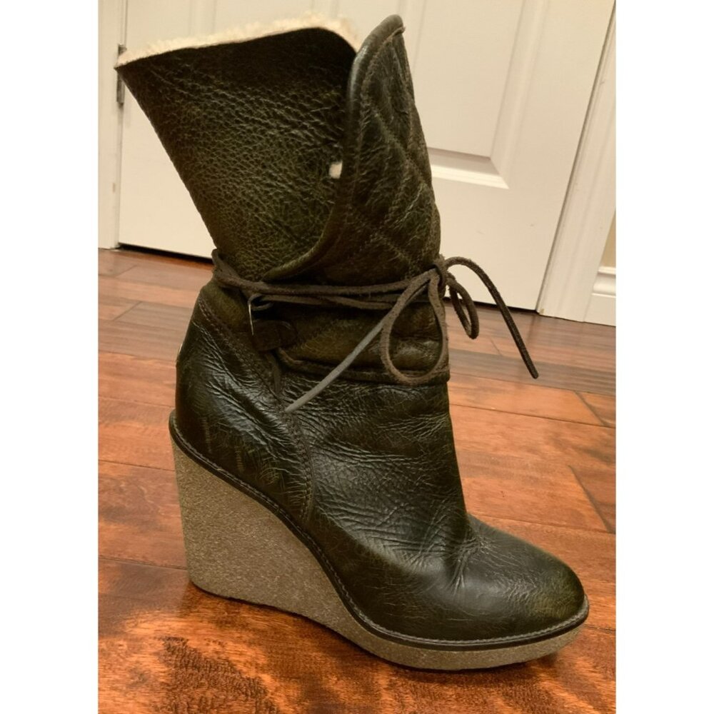 Moncler Brown Soft Quilted Leather Wedge Boot W/ Shearling Lining, Size 39 | 9